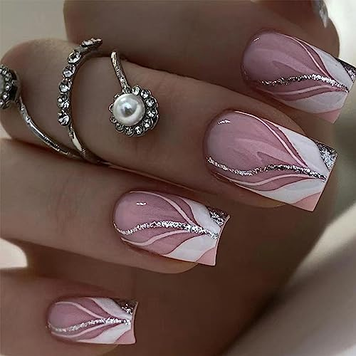 TMUT 24pcs Short Square False Nails White Glitter Silver Swirl Stick on Nails Nude Pink Press on Nail Removable Glue on Full Cover Fake Nail Art Accessories for Women, Variety Pack