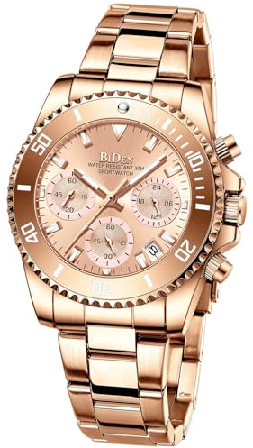 FANMIS Women Elegant Chronograph Rotatable Bezel Mineral Glass Luminous Watch Stainless Steel Waterproof Date Analog Quartz Watch Fashion Business Dress Wrist Watch, Rose gold, Chronograph,Quartz