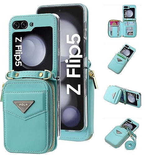 Jeelar ESONG LederHülle für Samsung Galaxy Z Flip 5 Tasche,Reißverschluss Brieftasche Schutzhülle mit Band/Kartenfäche/ständer,Z Flip 5 Wallet Cover Case Stoßfeste Handyhülle für Frau/Damen-Blau
