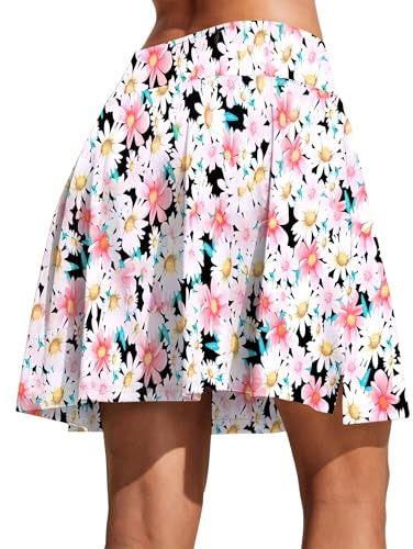 COOrun 18 Tennis Skirts Golf Skirts for Women with Pockets Knee Length Athletic High Waisted A-line Skorts Pink Floral