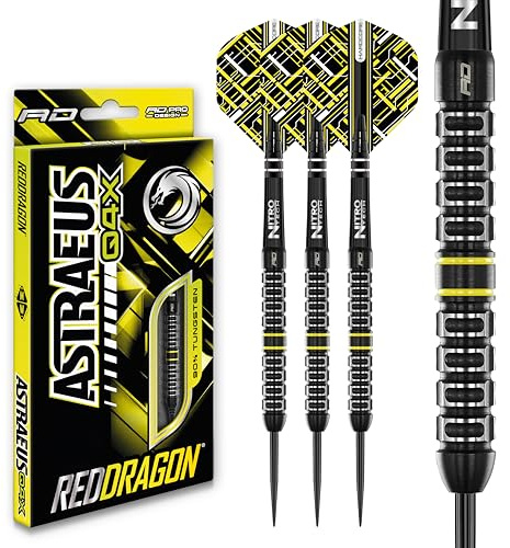 RED DRAGON Astraeus Q4X Paralleles 26 Gramm Premium Wolfram Steeltip Dart Set mit Flights und Schäften