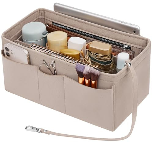 Enbagold Handtaschen Organizer Filz Taschenorganizer für Frauen Handtasche, Tasche Organizer Shopper mit Mehreren Taschen, Innentasche für Handtaschen,Beige,L