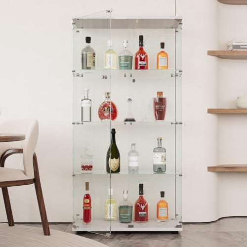 AUFHELLEN Glasvitrine Standvitrine in Weiß, 164x80x36,5CM Glas Vitrine | Modern Vitrinenschrank mit 4 Böden aus ESG für Küche, Flur Wohnzimmer Büro zur Aufbewahrung von Sammlerstücken Büchern Weinen