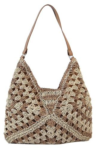 Skyearman Sac a Main Femme en Paille Grand Sacs Tissée Sac de Plage D'été de Loisirs Tote Portés épaule Pour Voyage, Date et Vacances (Marron)