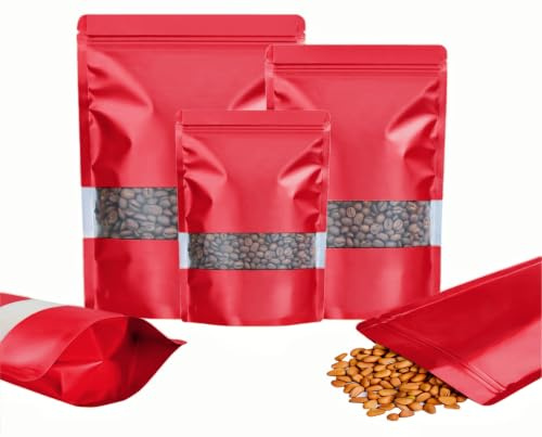 Rimiko 100 Pezzi Sacchetti di Alluminio Autoportante con Finestra, Bustine in Mylar con Zip, Buste Richiudibili per Alimenti (Rosso,12x20 cm)