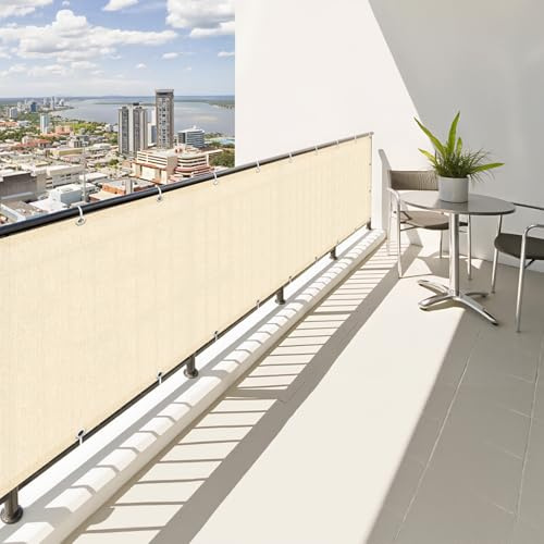 SUNNY GUARD Balkon Sichtschutz Wetterfest 90x400cm Balkonverkleidung Balkonabdeckung Balkonumspannung UV-Schutz Windschutz mit Kabelbinder,Helles Khaki