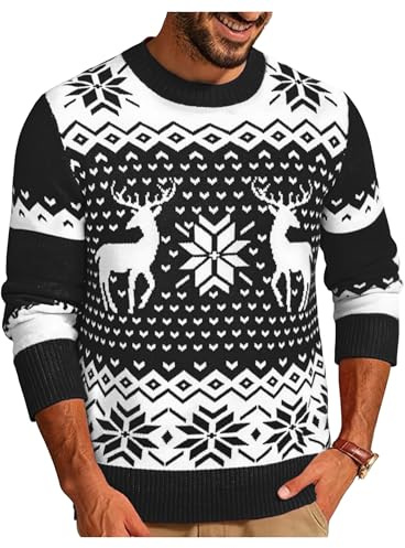 Demegimi Jultröjor Jultröja Långärmad T-shirt Herr Jultröja Rosett Snö Älg Rund Hals Herr Långärmad Tröja Festlig Jul, Svart, XL