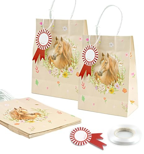 10 Stück Pferdegeburtstag Geschenktüte,Pferde Mitgebsel Kindergeburtstag | Papiertüten mit Henkel Namensanhänger und Bandrolle für Pferde Geburtstag Party
