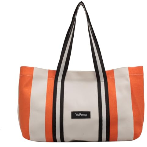 BEY'Z Vintage Große Kapazität Damen Tote Bag mit Kontraststreifen Design Canvas Schulter Shopping Strandtasche Handtasche Ganzjahresbegleiter Sommer Frühling Herbst Winter
