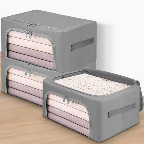 Zhufas 3 Pezzi Scatole per Armadio Rigide con Struttura in Metallo, Organizer Armadio con Finestra Trasparente, Pieghevole, Contenitori per Armadio Impilabili per Vestiti, Trapunte, Piumone, 24L