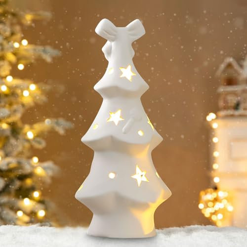 GZWY Weihnachtsdeko Schneemann Figuren mit LED Licht, Keramik Weihnachtsbaum Beleuchtete Nachtlicht, Weihnachtsdeko Innen Porzellan Schneemann Deko Weihnachtsfigur für Weihnachten Tischdeko (H)