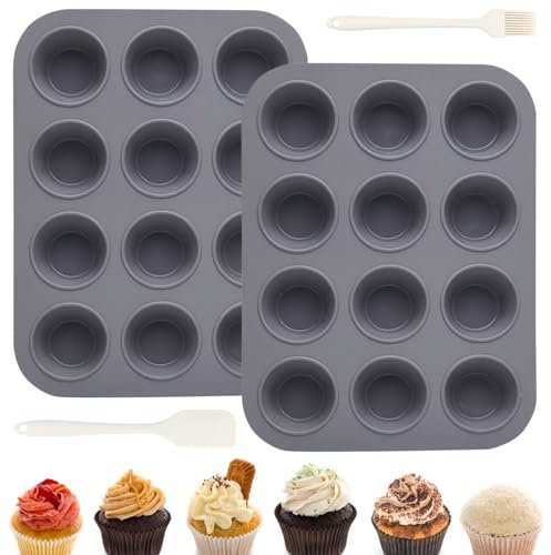 ICHOWHO 2 Pack Muffin Trays,Silicone Muffin Trays - 12cup,Nonstick Round Carbon Steel Muffin Pan,Non Stick Muffin Cupcakes Tin 12 Deep, Baking Tray Non Stick,for Cupcakes Pudding, Baking Moulds Tins