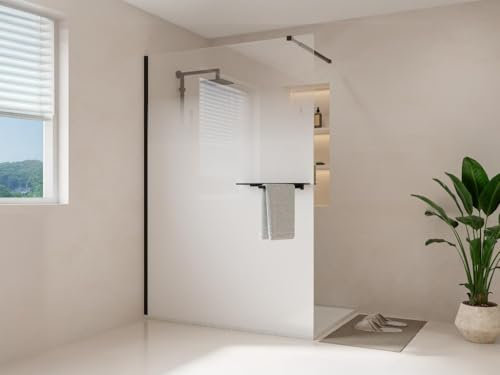 Vente-unique - Paroi de douche à l'italienne brume avec porte serviette et étagéres - 140 x 200 cm - Noir mat - POMARO