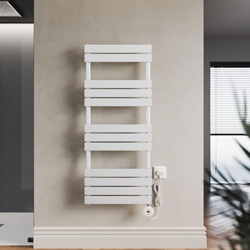 ELEGANT 600W 1250 x 500mm White Electric WiFi-Controlled Heated Towel Rail | Modern Bathroom Wall-Mouted Towel Warmer & Dryer with Programmable Thermostat, UK Plug, LCD Display, Energy Efficient