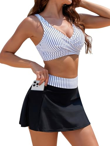 SHEKINI Women's High Waisted Bikini Sets Two Piece Swimsuit Swim Skirt | Skirted Bikini Bottom with built-in Briefs, V-neck Swimwear, Bathing Suits with Pockets, Removable Pads, Adjustable Straps