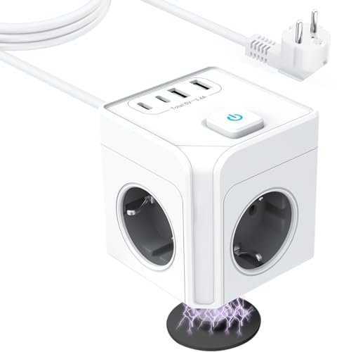 Steckdosenleiste 3 Fach mit USB, 7-in-1 Magnetischer Fuß Würfel Mehrfachsteckdose mit 2 USB-C & 1 USB-A, 3680W/16A, Wandsteckdose Steckdosenadapter für Büro, Hause