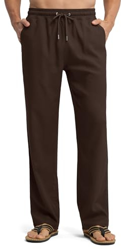Willit Pantalones de lino para hombre, casuales, para playa, verano, con cordón, ligeros, de 71 cm y 76 cm, marrón oscuro, XXL