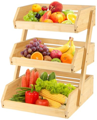 WODFARR Support de Corbeille à Fruits en Bambou 3 étages Support pour Le Rangement des Légumes, du Pain dans la Cuisine, Panier à Fruit (Couleur Bois-3 Couches, 30x33x41cm)