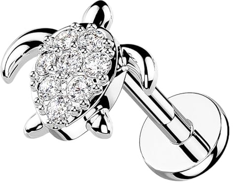 Taffstyle Piercing Stab Stecker Ohrpiercing Cartilage Ohr Tragus Helix Stud Lippe Labret Lippenpiercing Knorpel Ohrring Platte Kugel Flach Kristall Schildkröte Innengewinde Silber 6mm