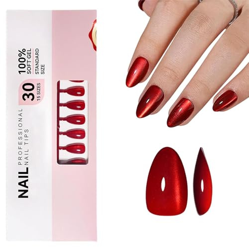 32 Stück Cat Eye Press On Nägel Set Aufdrücknägel Almond - Glitter Rot Falsche Nägel Medium - Vollabdeckung Sparkly Fake Nails With Glue - Natürliche Effect Aufklebenägel für Frauen