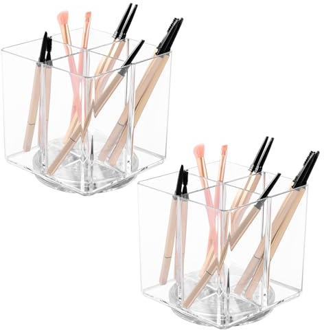 2 Stück Make up Organizer,4 Fächern 360° Drehbarer Kosmetik-Organizer,Transparenter Acrylic Pinselhalter Kosmetik Groß für Eyeliners,Lippenstift,Schminktisch Zubehör Aufbewahrung(transparente Farbe,2)