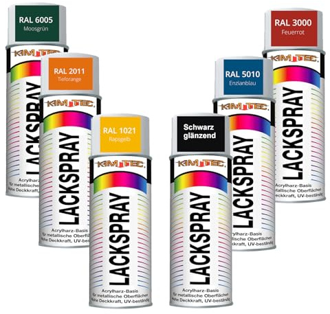 6x 400ml Kim Tec Lackspray Set 6 Farben Acrylharz-Basis UV-Beständig Hohe Deckkraft Dose Metall Holz