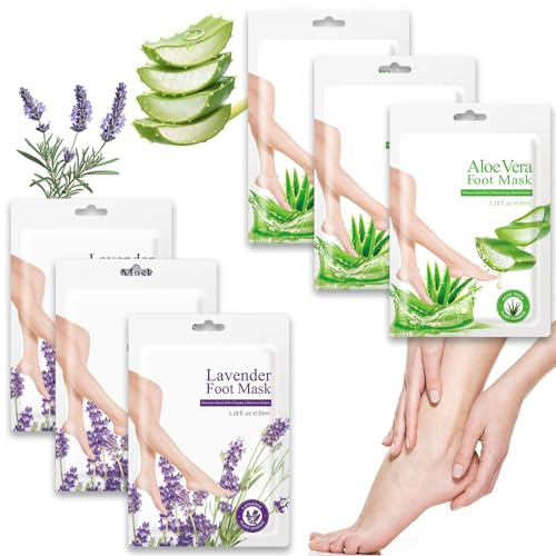 6 Paar Fußmaske,Hornhaut Socken,Peeling-Fussmaske,Feuchtigkeitsspendendes Fussmaske Socken,Geeignet für Trockene und Rissige Füße,(3 Pairs of Aloe Vera + 3 Pairs of Lavender)