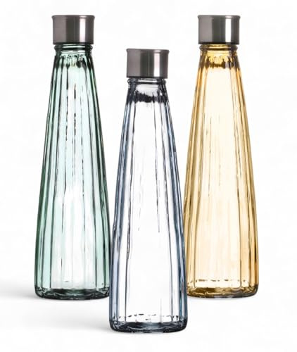 3er-Ser Vintage Glas-Wasserflasche 750ml – Linearstruktur – Bunte Glasflaschen mit Schraubdeckel – Flasche, Karaffe für Wasser, Saft & Getränke – Pastellfarben (Linear blau, grün, gelb)