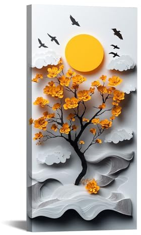 WIKEO Albero della vita Stampa su tela Pittura Arte dell'albero d'oro vintage Moderno Soggiorno Sala Da Pranzo- Bagno -Cucina e Ufficio Quadro Poster (bianco)-20x40cm Incorniciato