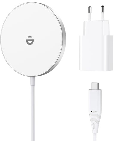 RoRoSkin Cargador Inalambrico iphone con adaptador USB-C de 20 W, cargador inalámbrico inductivo para iPhone 17 16 15 14 13 12 Series, cargador magnético rápido inalámbrico, blanco nieve con adaptador