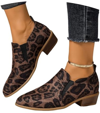 Plus Size Ankelstövlar for Kvinnor 2025 Korta Mockastövlar Med Leopardmönster Chelsea-ankelboots Med Blockklack Retro Slip-on Ankelskor for Vår, Höst(37 EU)