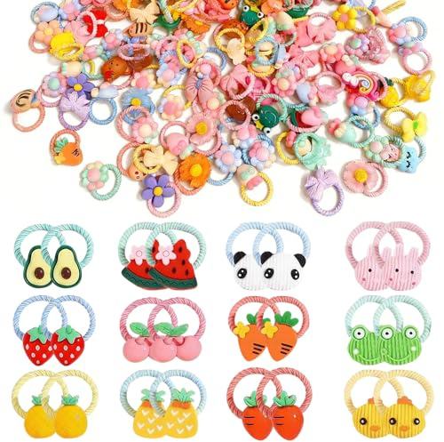 Haargummis Mädchen, 100 Stück Baby Haargummi Tier Blumen und Obstmustern