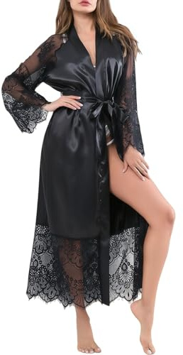DUOYIJIN Women Satin Dressing Gowns Long Lace Trim Ladies Kimono Morning Robes with Satin Belt G-string Long Sleeve Silk Bride/Bridesmaid Robe Soft Wedding Party Sleepwear, Black/XL