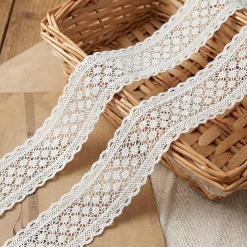 5 Meter Weiß Spitzenband, Geschenkband Stoff Baumwolle 5.8 cm Breit, Spitzenborte und Borten und Bänder zum Nähen, für Kleidung Vorhänge Tischdecken (Weiß, 5 m x 5.8 cm)