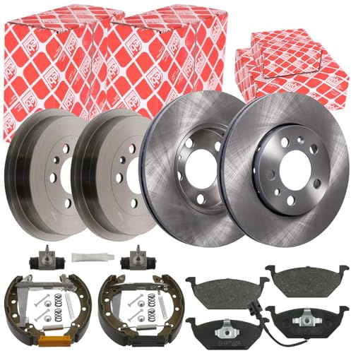 Febi Bremsscheiben+Beläge vorne+Bremstrommeln+Bremsbacken Set hinten | 14404+16446+24034+37562 für Polo