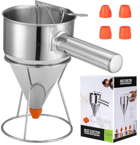 YATOSEEN Degdispenser i rostfritt stål (1 200 ml) med handtag och hylla, inklusive 4 utbytbara silikonmunstycken, för pannkakor, cupcakes, trattkakor, våffeldeg, muffins och mer (600 ml)