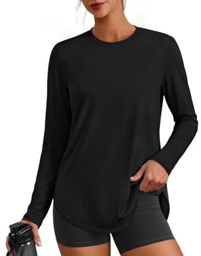 PINSPARK Gym Tops Women Long Sleeve Workout Shirts UPF 50+ Running Shirt | Lightweight Breathable UV Sun Protection Shirt with Curved Hem for Yoga Pilates Hiking Workout