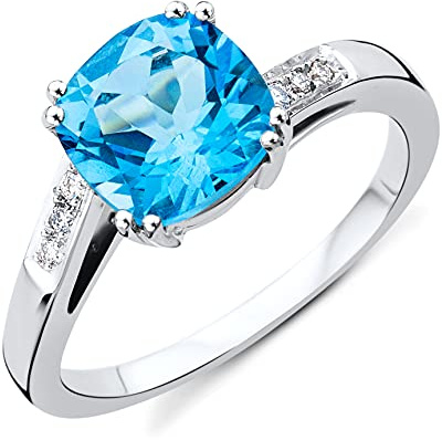 Miore Anillo de compromiso para mujer de oro blanco de 9 quilates (375) con diamantes de 0,06 ct, Oro blanco, Topacio azul