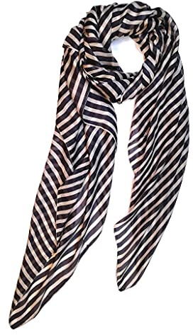 SeaBright Damen Schal Tuch 100% Seide Seidenschal Chiffon Paj dünn leicht transparent 4 Momme SC-S-BH-1904-3 Schwarz Grau Braun Weiß Streifen