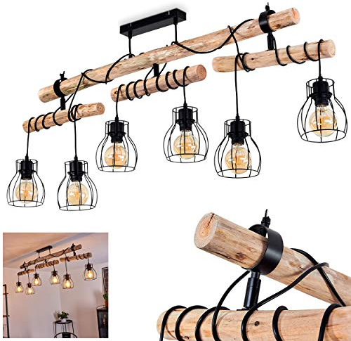 HOFSTEIN Deckenleuchte Gondo, verstellbare Deckenlampe aus Metall/Holz in Schwarz/Natur, moderne Leuchte im Boho/Retro-Design, Lichteffekt durch Gitter-Optik, 6 x E27, Wohnzimmer, Esszimmer, Küche