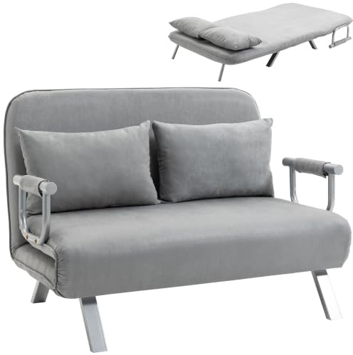 HOMCOM Canapé-lit 2 Places, Fauteuil Convertible avec Dossier réglable en 5 Positions, Chaise Longue avec 2 Coussins Inclus, canapé en revêtement Aspect suède déhoussable, 111x80x78cm, Gris Clair