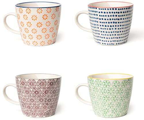 Parusia Tassen Set Zuhause, handgestempeltes, buntes Muster, 4 Kaffeetassen mit je 280ml Fassung, Kaffeebecher aus Porzellan, Teetassen im Retro-Design, Cappuccino Tassen