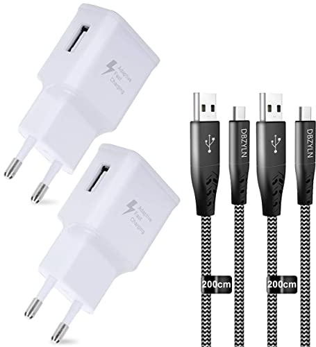 2-Pack Caricatore Compatibile per Samsung Galaxy S20, S10, S10+, S10e, S9, S9+, S8 Puls Flip 3, Caricabatterie Sostituzione Originale (5V-2A | 9V-1.67A) con Cavo Tipo C 200cm (Bianco)