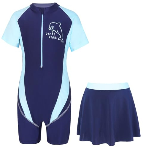 Freebily Combinaison de Plongé 2 Pièce Fille Enfant Maillot de Bain Manches Courte Rashguard Body de Bain avec Mini Jupe de Bain Natation Bikini de Piscine Zippé Dauphin Marin 12-14 Ans