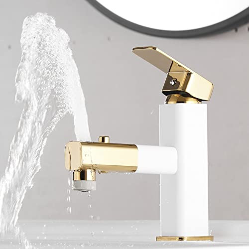 Wasserhahn Bad Ausziehbar Waschtischarmatur mit Handbrause Armatur Einhebelmischer Bad Brause für Waschbecken Armaturen Bad Weiß+Gold,Niedrig