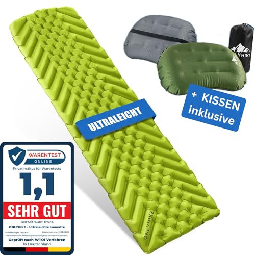 ONLYHIKE® Isomatte Ultraleicht [gratis Camping Kissen] I Outdoor Camping Matratze I rutschfeste Matte mit Schlafkissen für Sommernächte im Freien I Kompakte aufblasbare Schlafmatte I Grün