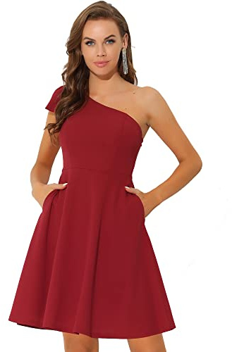 Allegra K Vestido de Fiesta de cóctel oscilante de línea A con Bolsillos y un Hombro sin Tirantes para Mujer Rojo Oscuro S