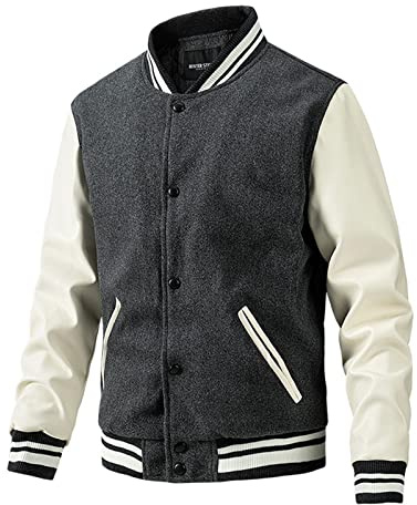 SOOUICKER College Jacke Herren Lederärmel Kunstleder Bomberjacke Winter Football Baseball Jacke Oldschool Lederjacke Warm Zweifarbig