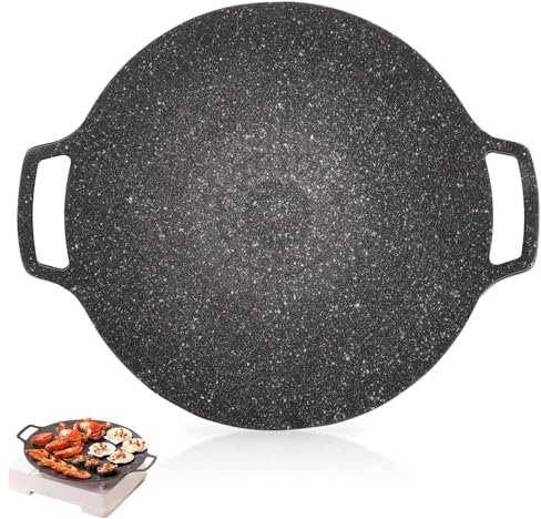 Grillplatte Rund Grillpfanne Im Koreanischen Stil, BBQ Grillpfanne Koreanische Grillpfanne Aus Gusseisen Runde Grillplatte Antihaftbeschichtung, Doppelgriffe Für Camping, Rund Gusseisen Grillplatten