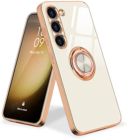 Urarssa Kompatibel mit Samsung Galaxy S23 Hülle, Galvanik Glänzend Handyhülle Weiche Mode Case mit 360 Grad Ring Ständer Schutzhülle, Stoßfest Samsung S23 5G Hülle, Weiß